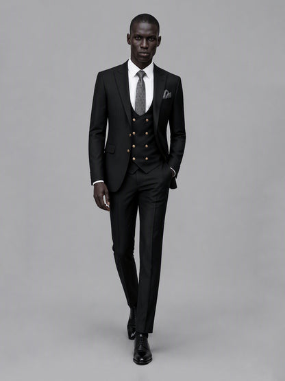 Men's black 3-piece suit set – front full-length walking view, Savile GA0177