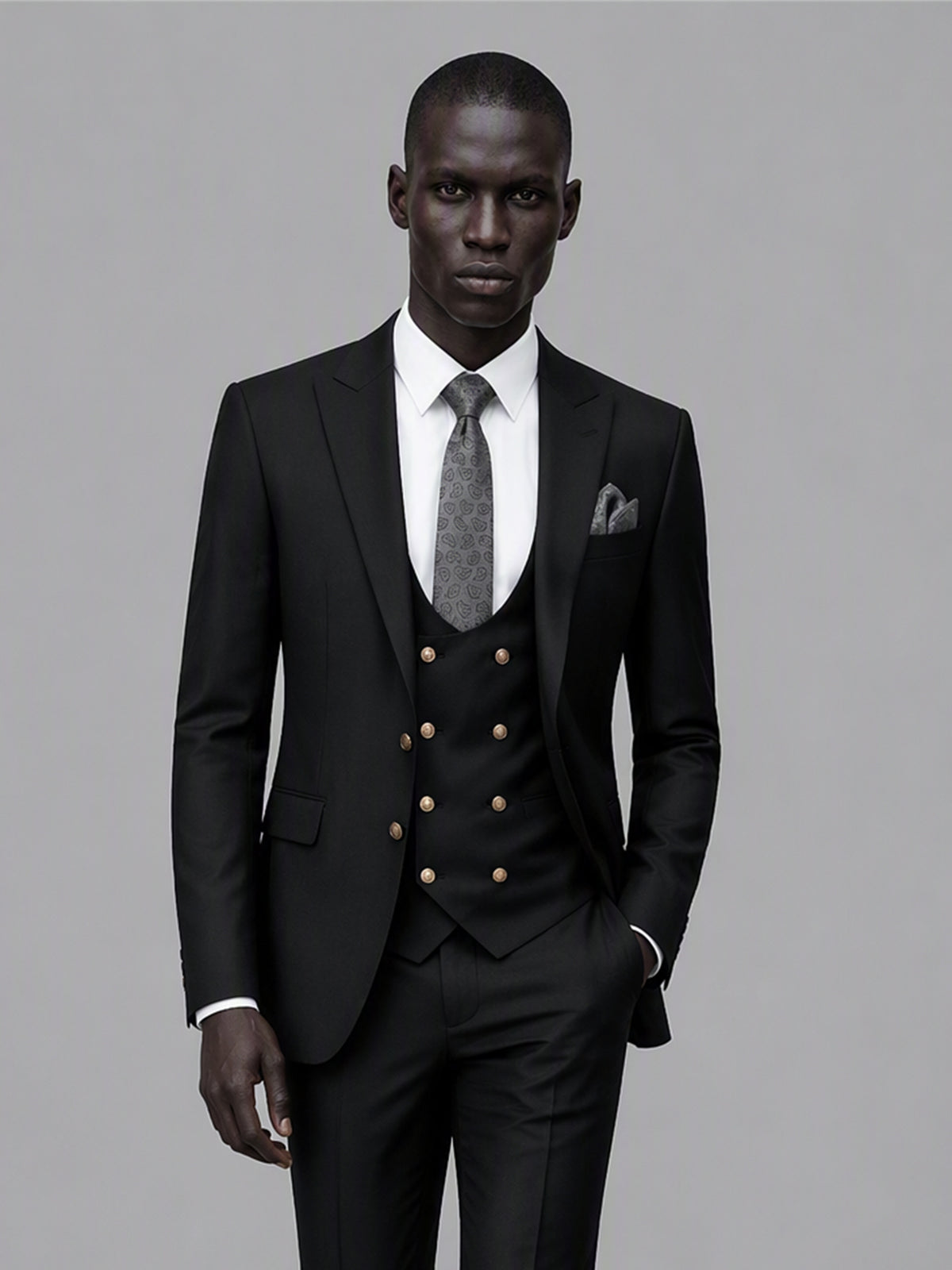 Men's black 3-piece suit set – front full-length standing view, Savile GA0177