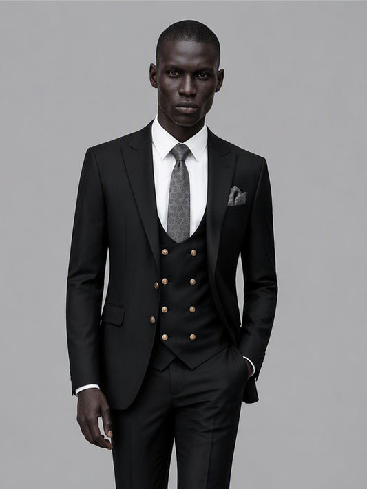 Men's black 3-piece suit set – front full-length standing view, Savile GA0177