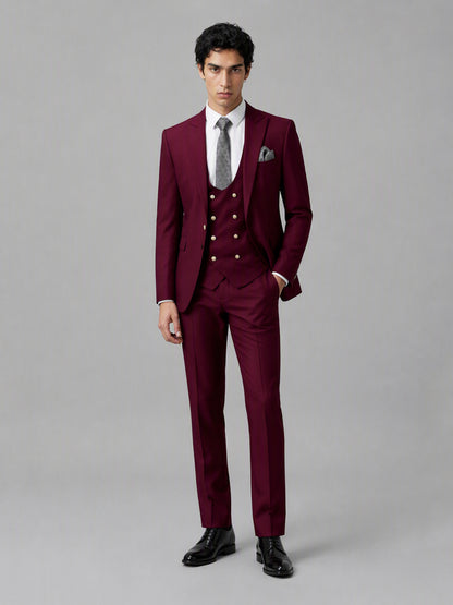 Men's burgundy 3-piece suit set – front close-up rose gold button vest detail, Savile GA0177