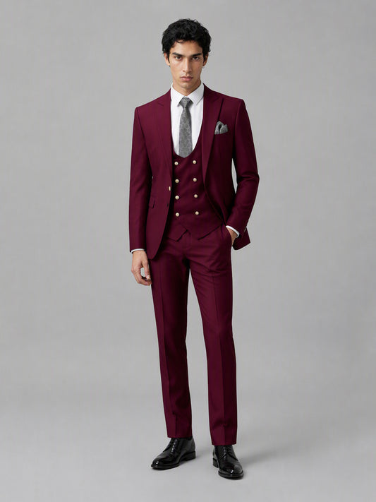 Men's burgundy 3-piece suit set – front close-up rose gold button vest detail, Savile GA0177