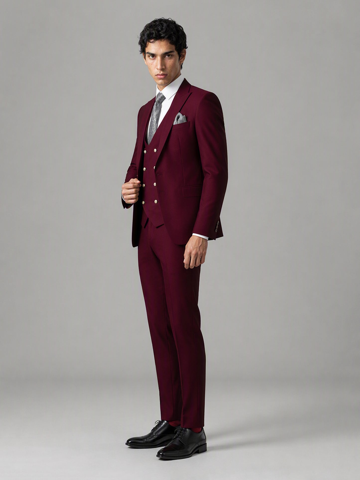 Men's burgundy 3-piece suit set – back three-quarter view, Savile GA0177