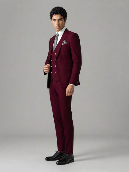 Men's burgundy 3-piece suit set – back three-quarter view, Savile GA0177
