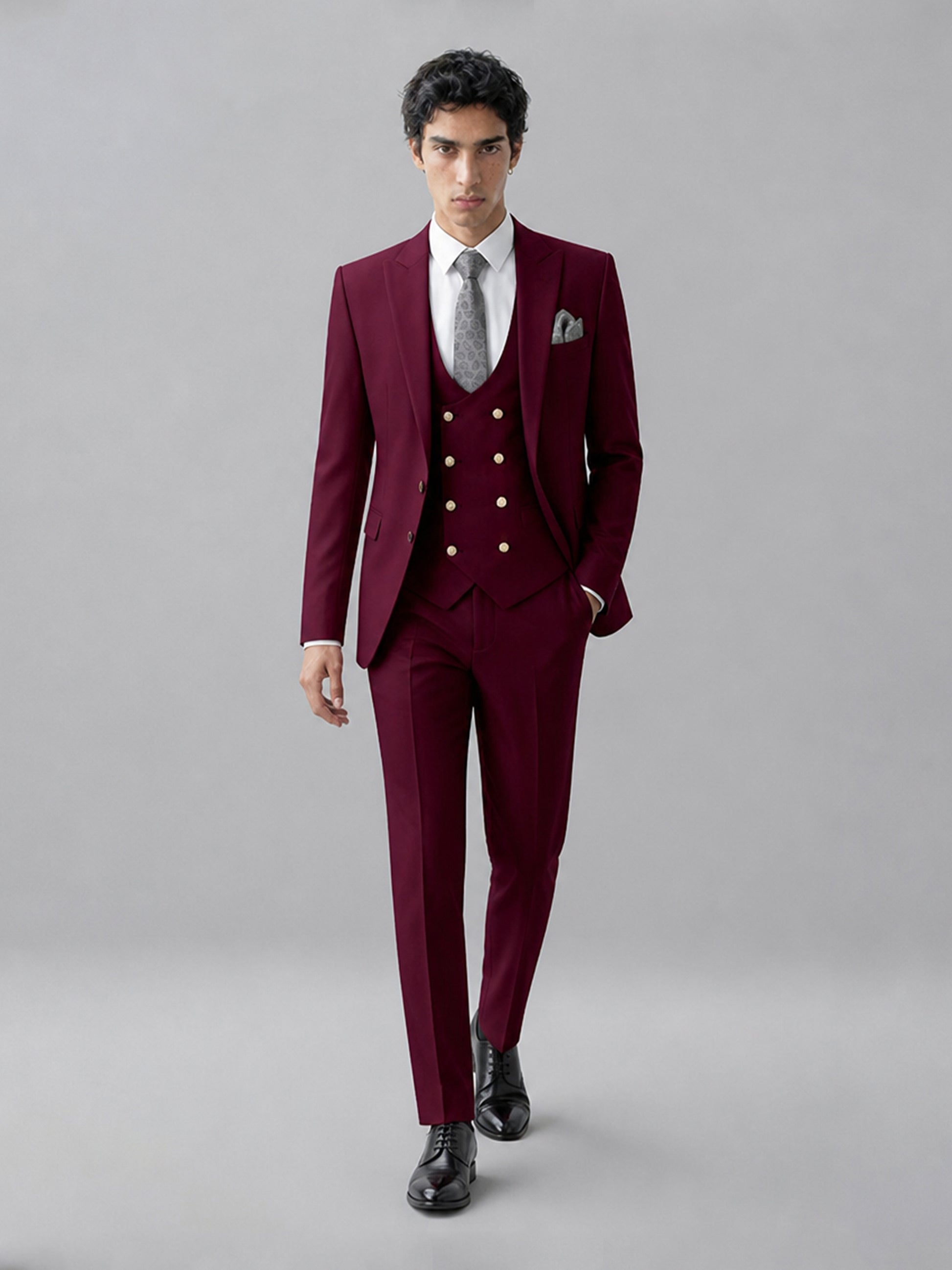 Men's burgundy 3-piece suit set – three-quarter side standing view, Savile GA0177