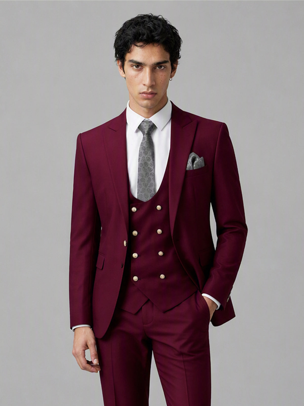Men's burgundy 3-piece suit set – front full-length walking view, Savile GA0177