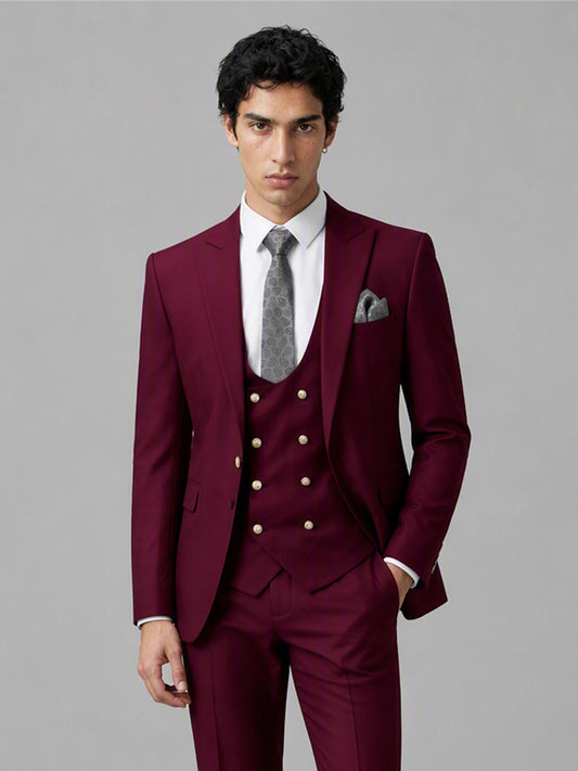 Men's burgundy 3-piece suit set – front full-length walking view, Savile GA0177