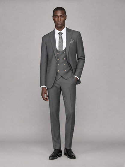 Men's grey 3-piece suit set – three-quarter side standing view, Savile GA0177