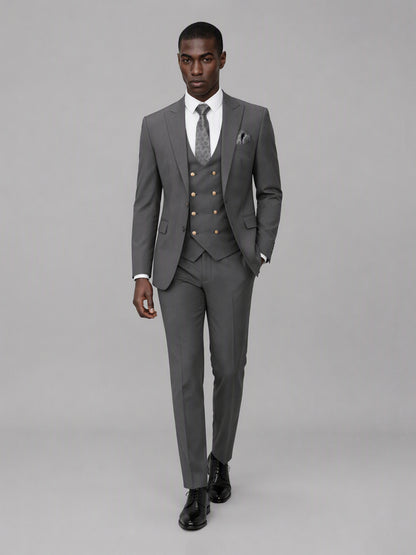 Men's grey 3-piece suit set – front full-length standing view, Savile GA0177