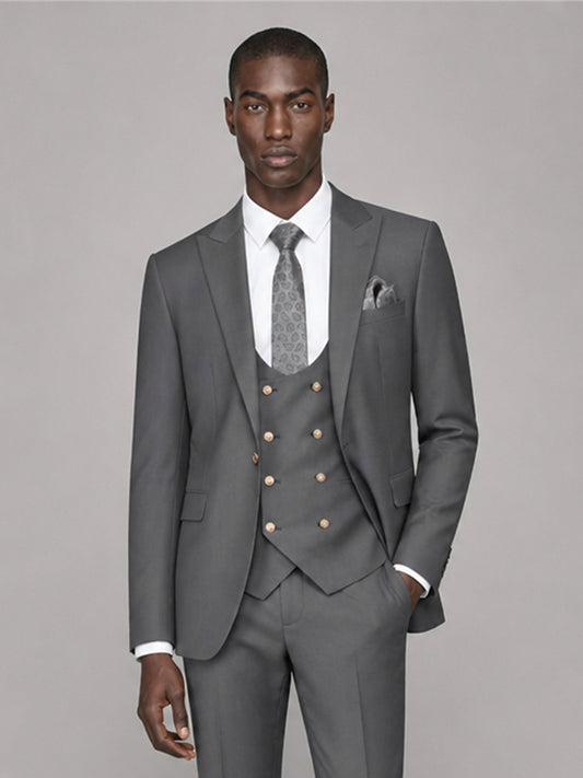 Men's grey 3-piece suit set – front full-length walking view, Savile GA0177