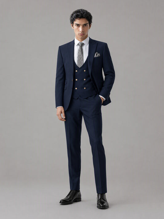 Men's navy blue 3-piece suit set – front close-up gold button vest detail, Savile GA0177