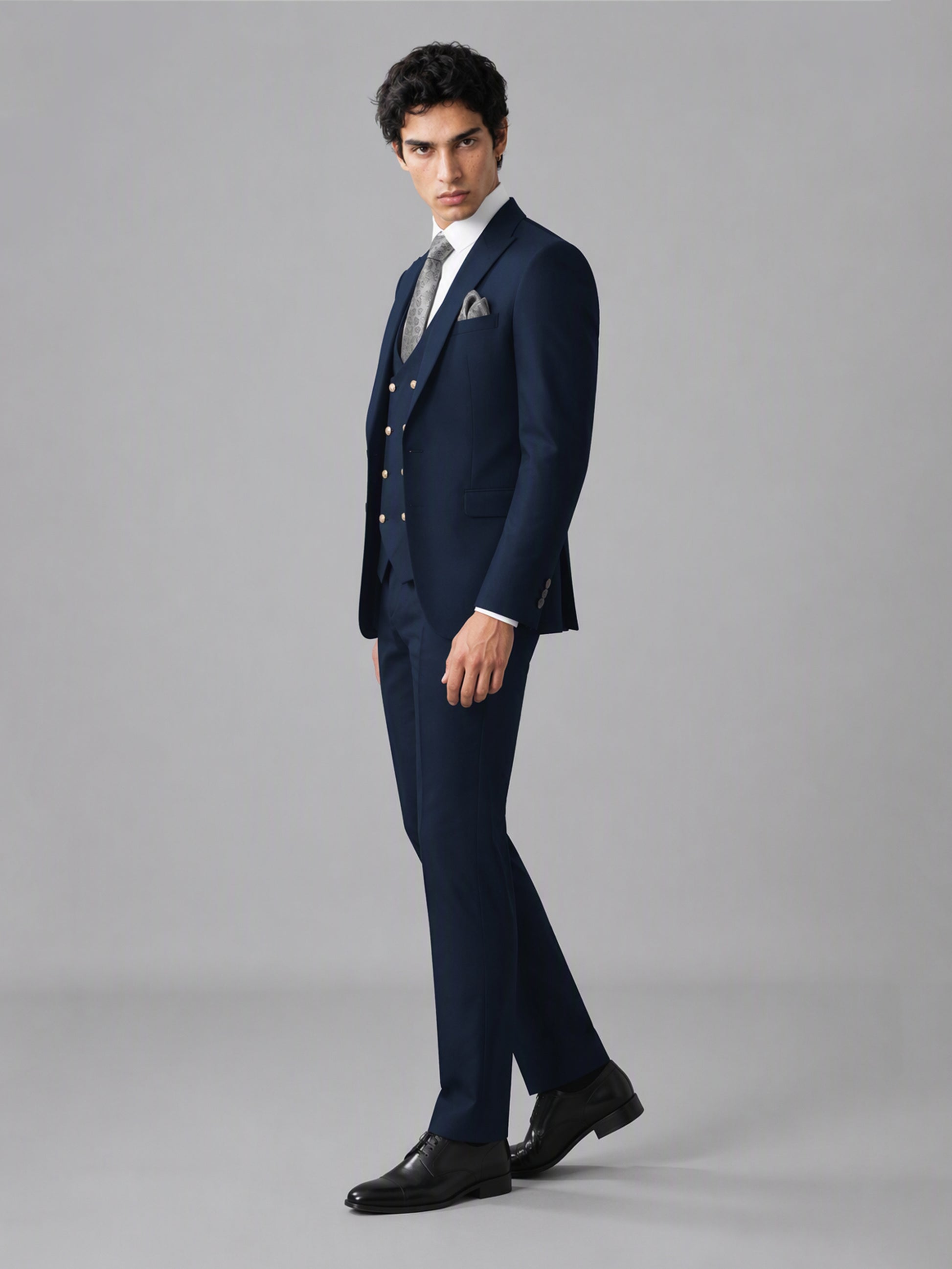 Men's navy blue 3-piece suit set – front full-length standing view, Savile GA0177