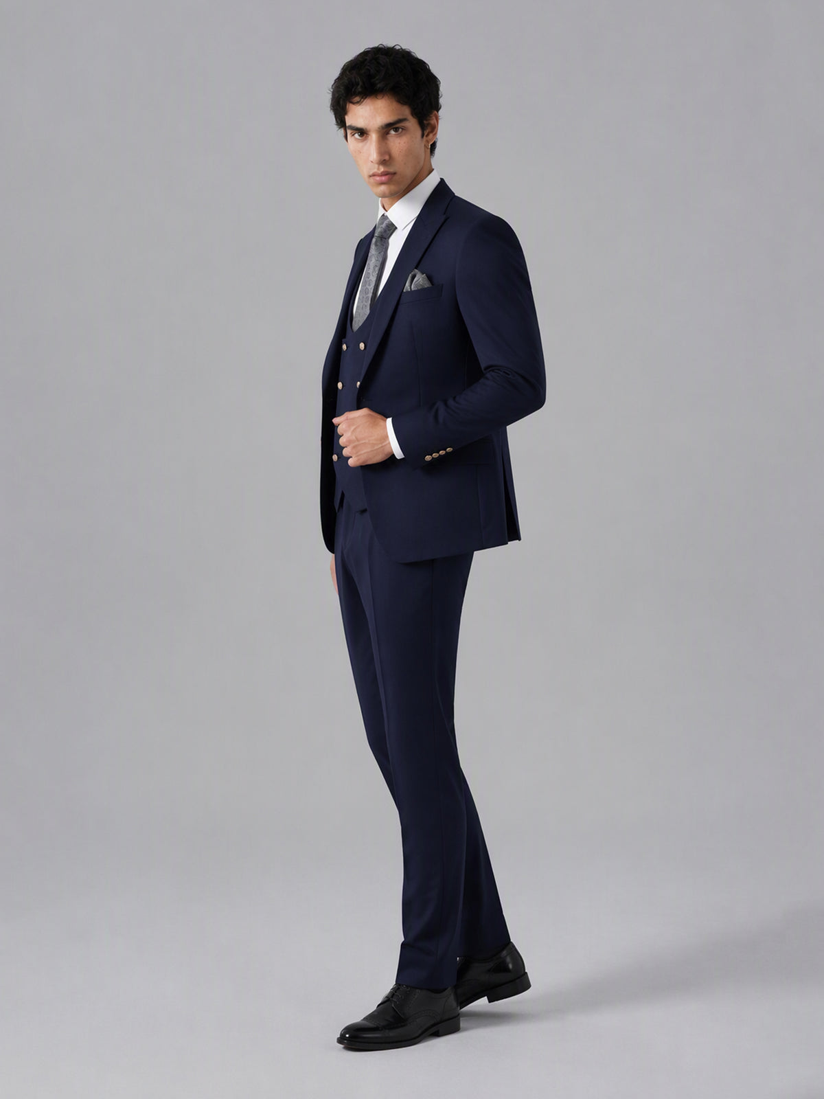 Men's navy blue 3-piece suit set – side profile full-length view, Savile GA0177