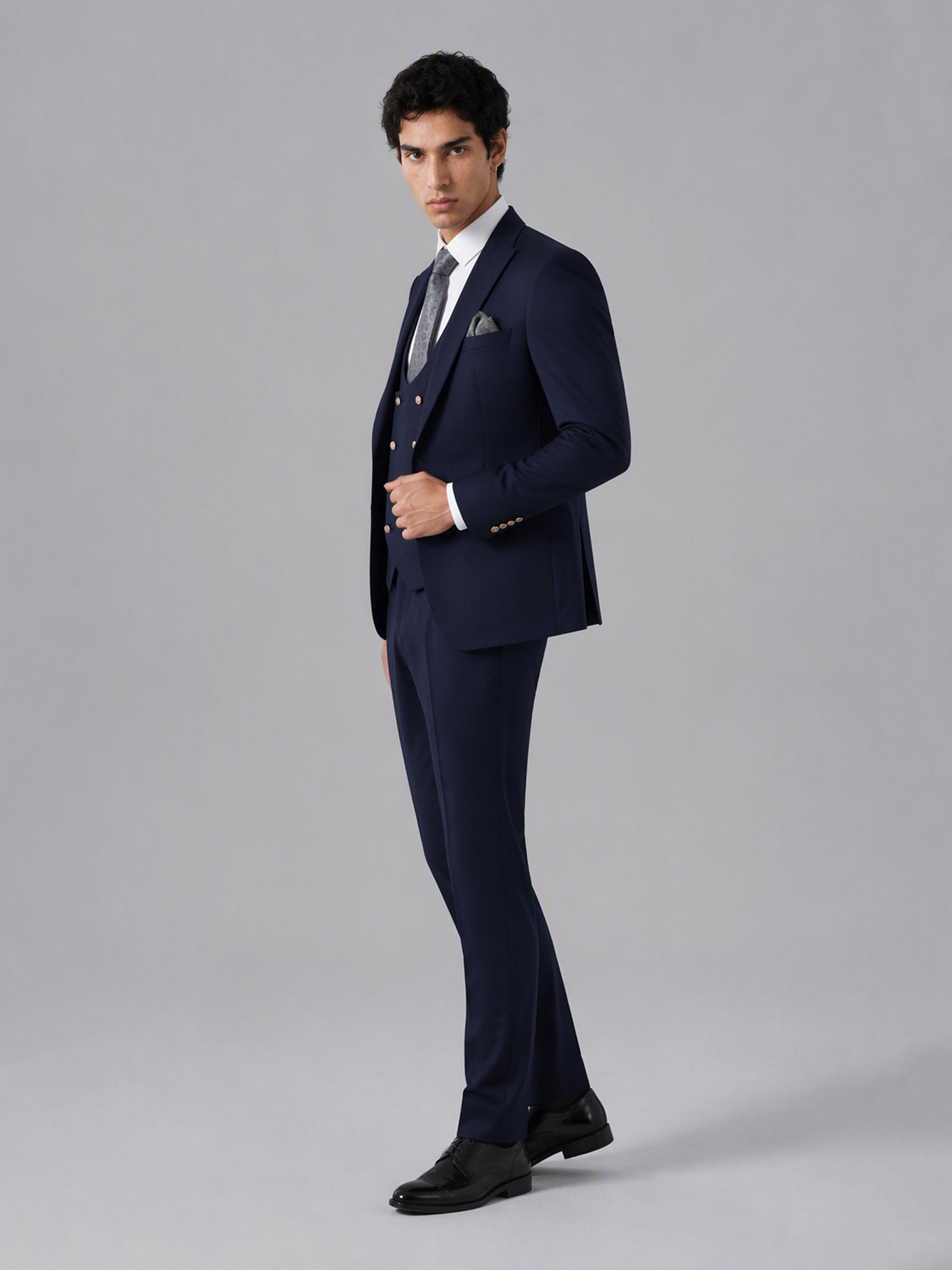 Men's navy blue 3-piece suit set – side profile full-length view, Savile GA0177