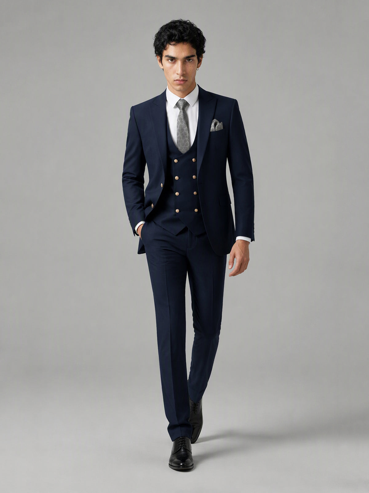 Men's navy blue 3-piece suit set – three-quarter side standing view, Savile GA0177