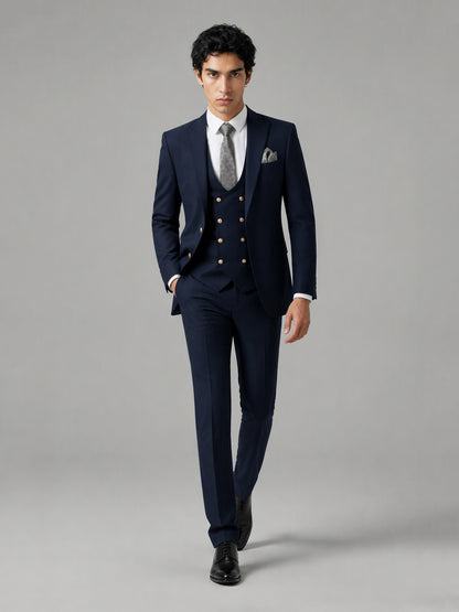 Men's navy blue 3-piece suit set – three-quarter side standing view, Savile GA0177
