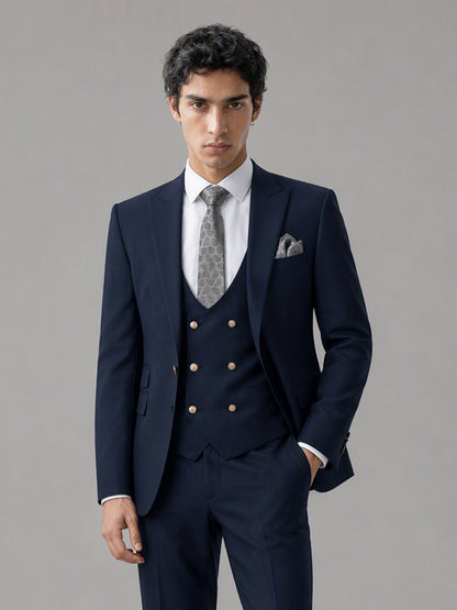 Men's navy blue 3-piece suit set – front full-length walking view, Savile GA0177