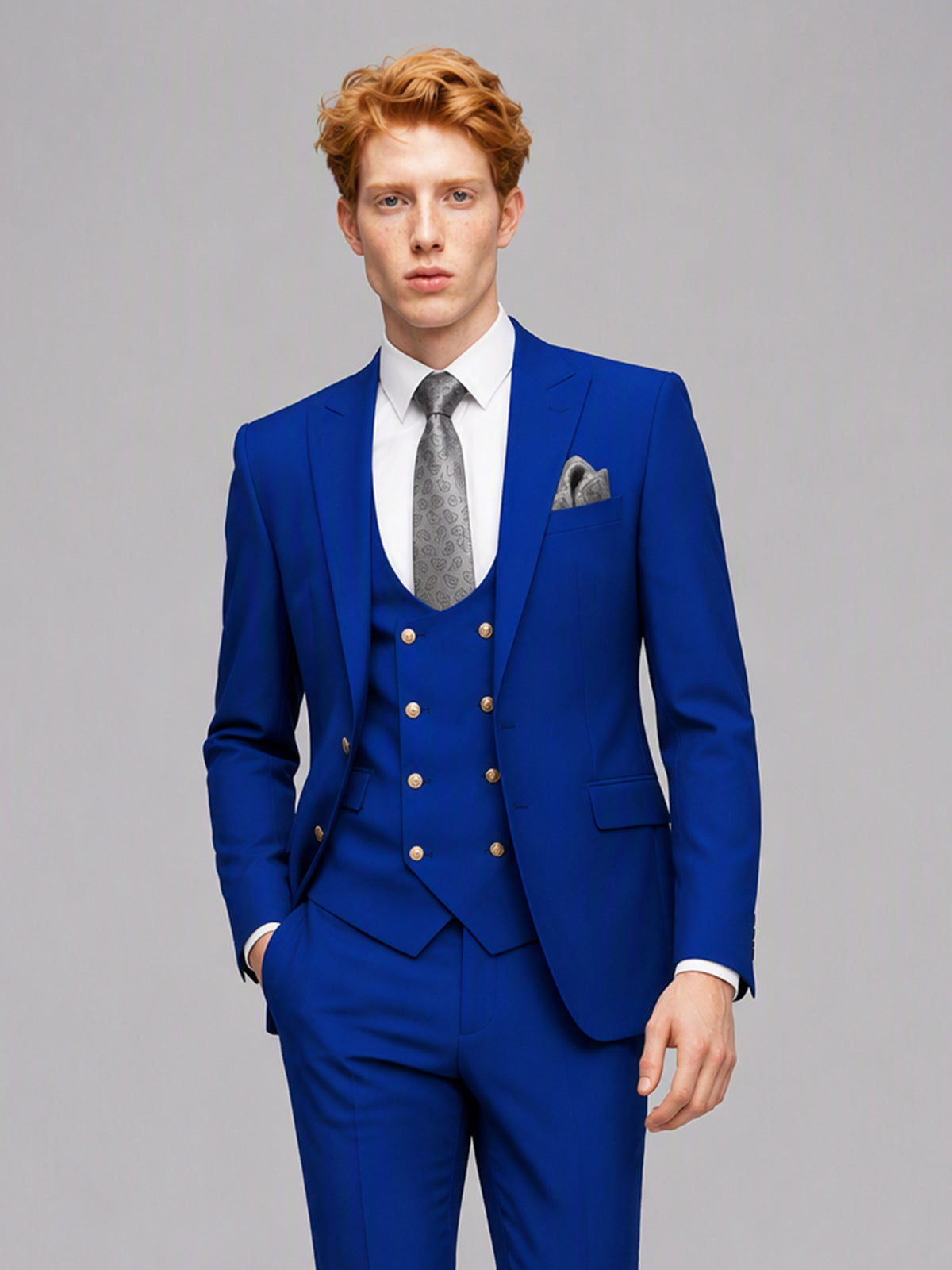 Men's royal blue 3-piece suit set – front full-length standing view, Savile GA0177