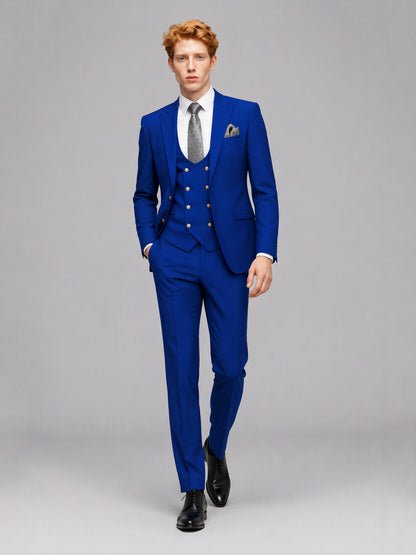 Men's royal blue 3-piece suit set – front full-length walking view, Savile GA0177