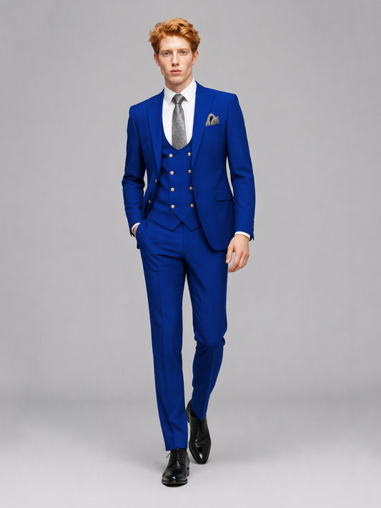 Men's royal blue 3-piece suit set – front full-length walking view, Savile GA0177