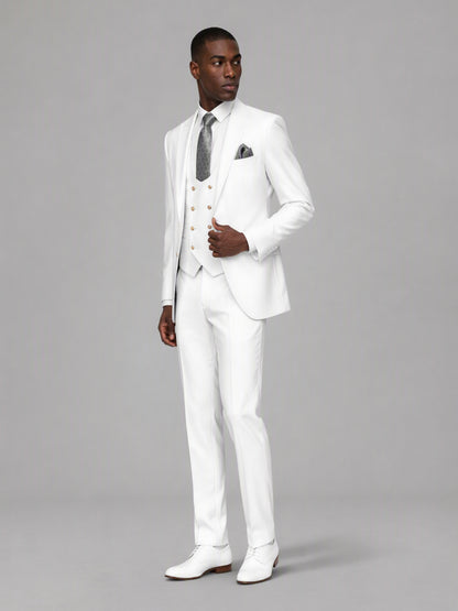 Men's white 3-piece suit set – front full-length walking view, Savile GA0177