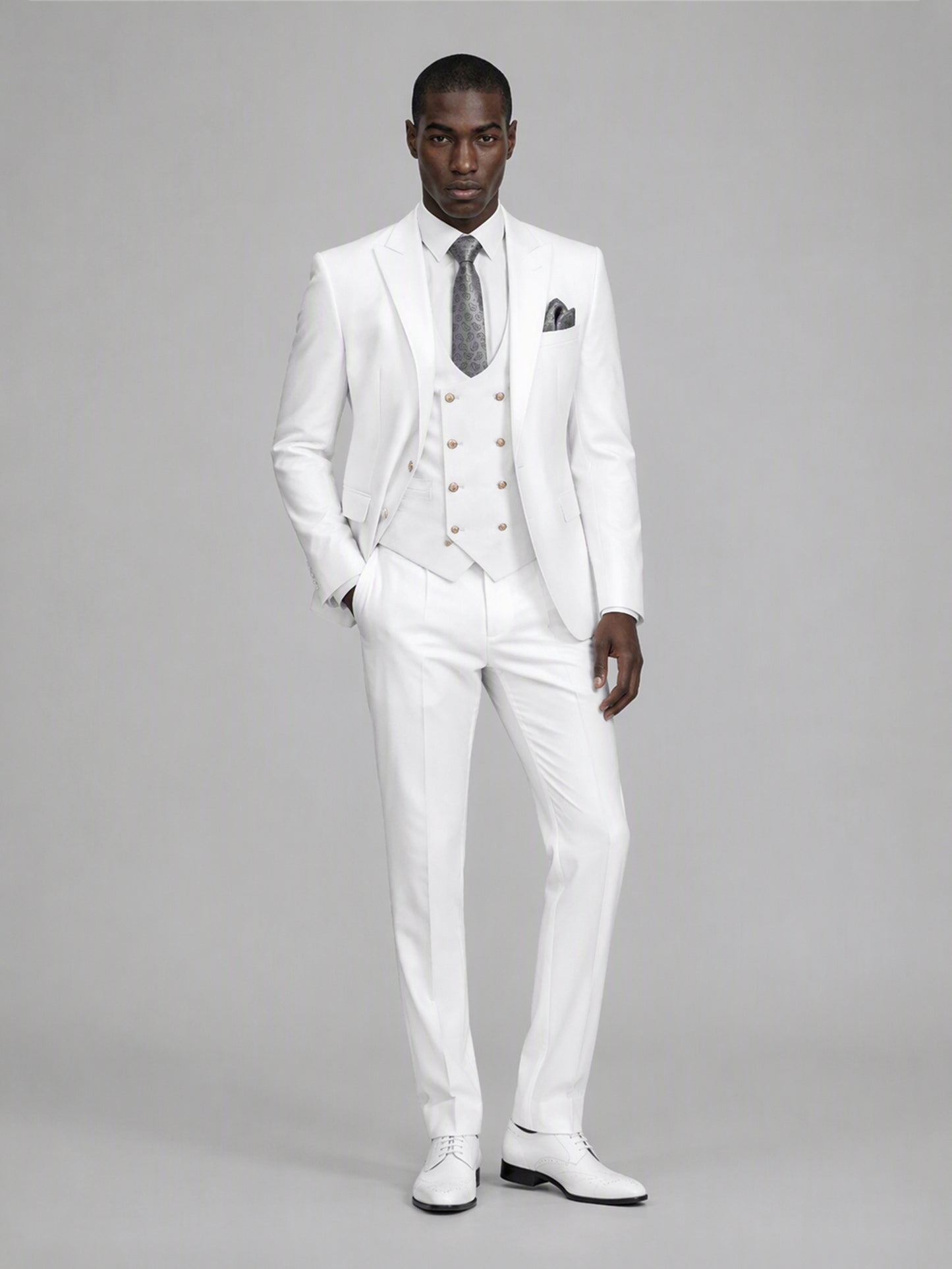 Men's white 3-piece suit set – three-quarter side standing view, Savile GA0177