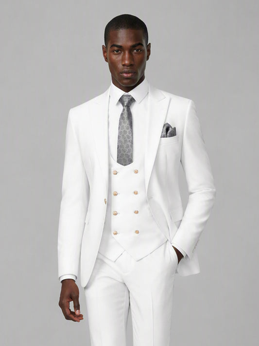 Men's white 3-piece suit set – front full-length standing view, Savile GA0177