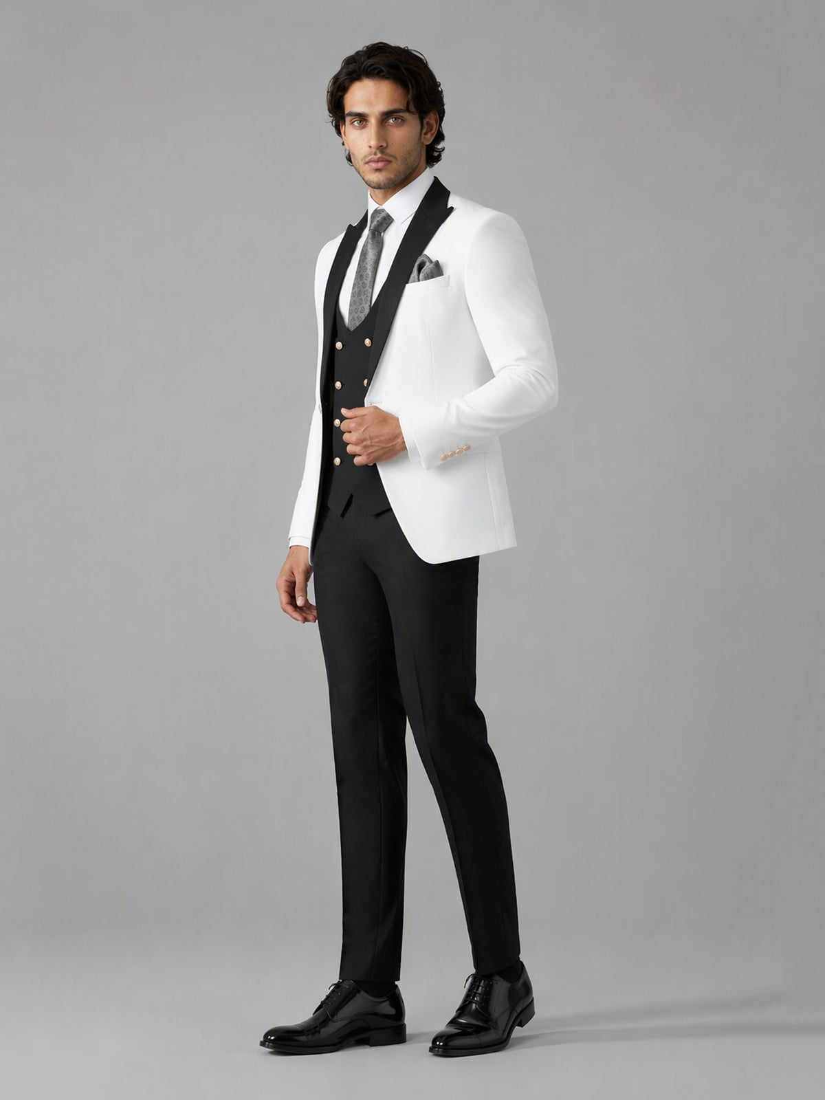 Savile GA0178 Men's White & Black 3-Piece Suit Set – Side profile full length