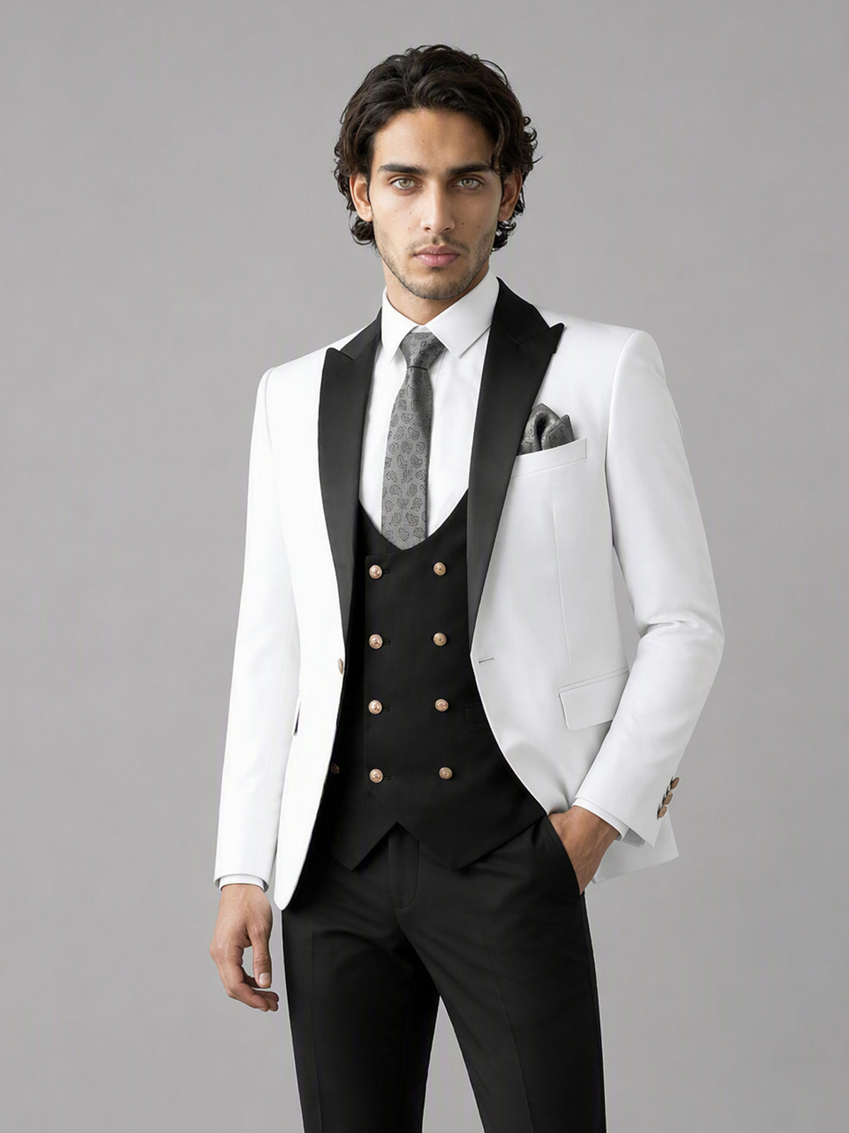Savile GA0178 Men's White & Black 3-Piece Suit Set – Three-quarter angle view