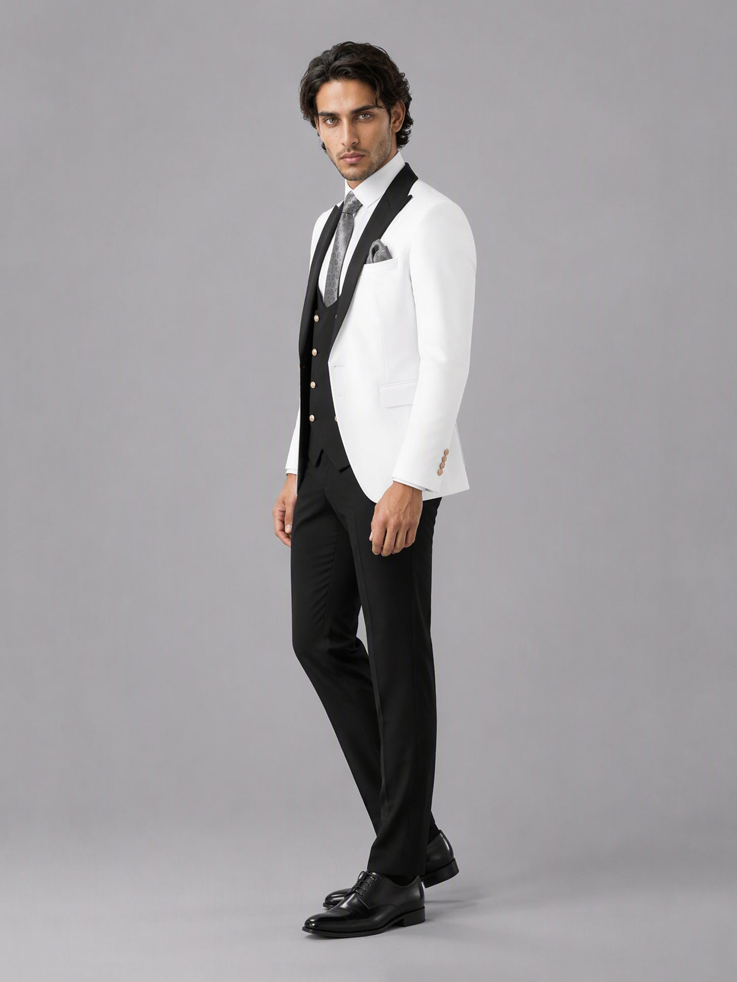Savile GA0178 Men's White & Black 3-Piece Suit Set – Walking pose full length
