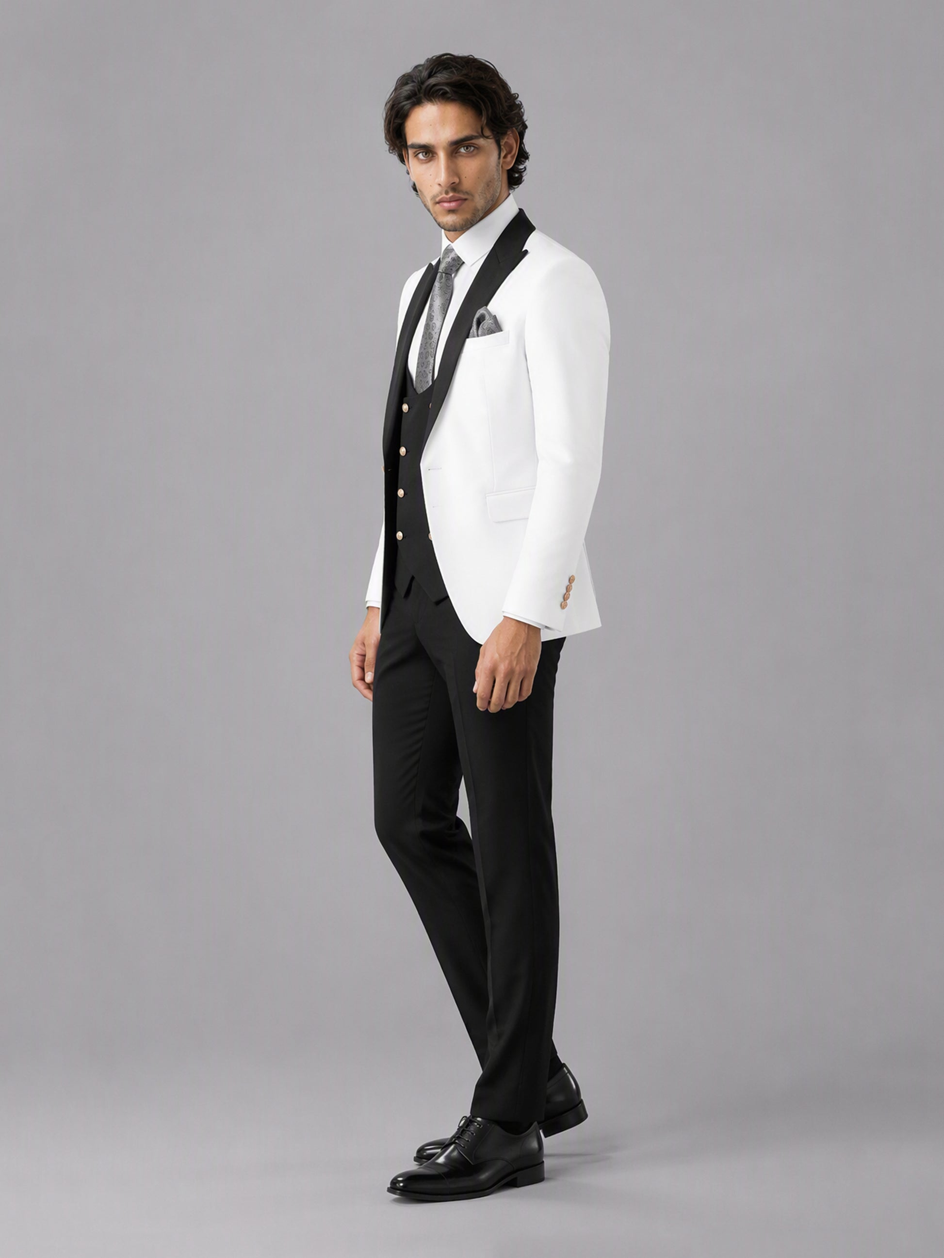 Savile GA0178 Men's White & Black 3-Piece Suit Set – Walking pose full length