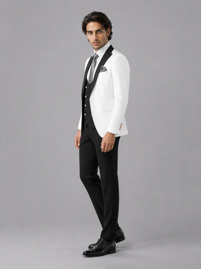 Savile GA0178 Men's White & Black 3-Piece Suit Set – Walking pose full length