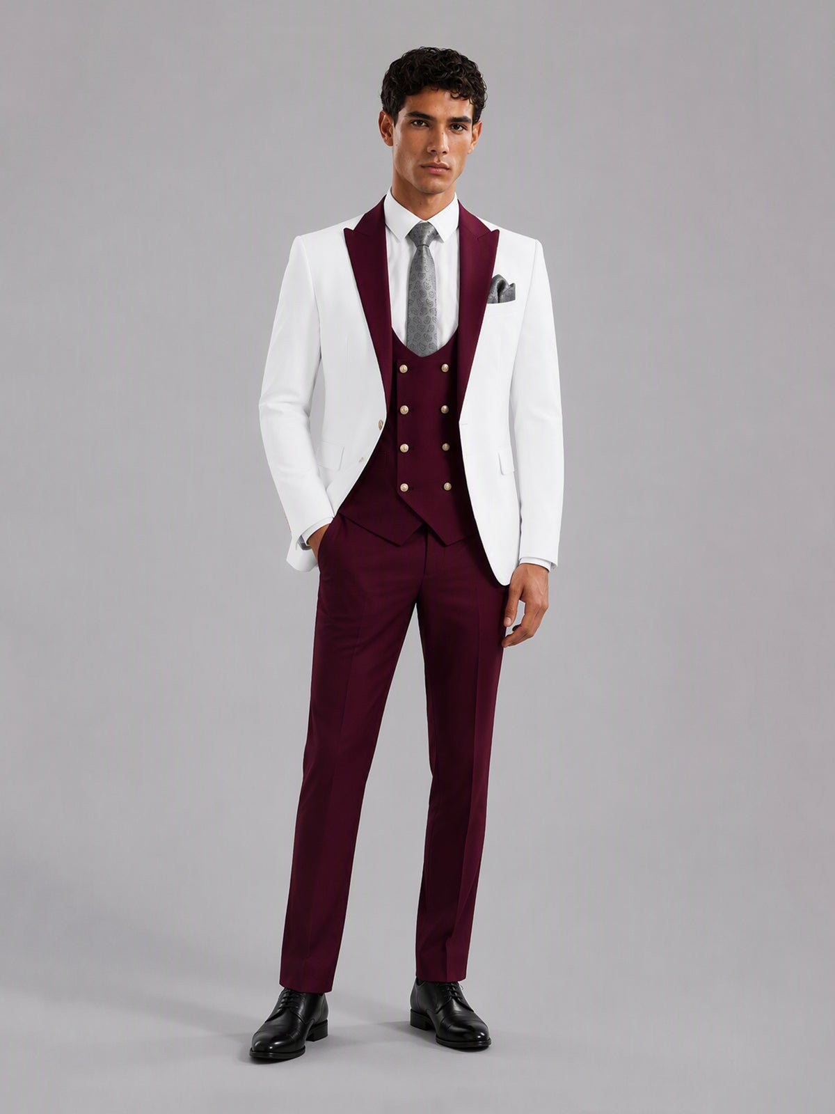 Savile GA0178 Men's White & Burgundy 3-Piece Suit Set – Back view full length