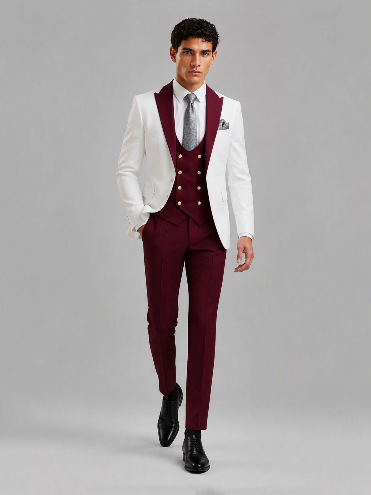 Savile GA0178 Men's White & Burgundy 3-Piece Suit Set – Walking dynamic pose