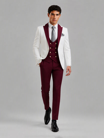 Savile GA0178 Men's White & Burgundy 3-Piece Suit Set – Walking dynamic pose