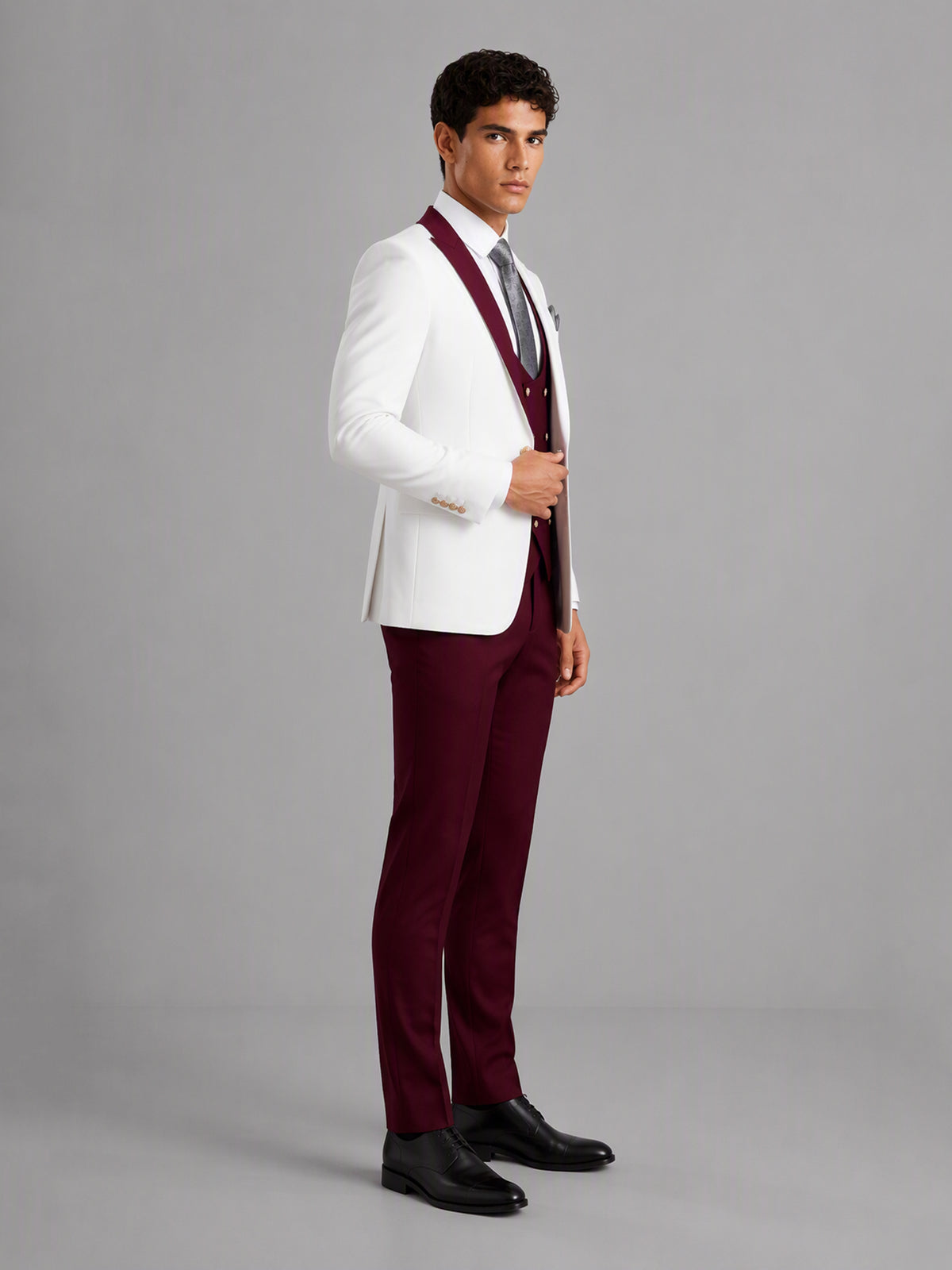 Savile GA0178 Men's White & Burgundy 3-Piece Suit Set – Side profile full length