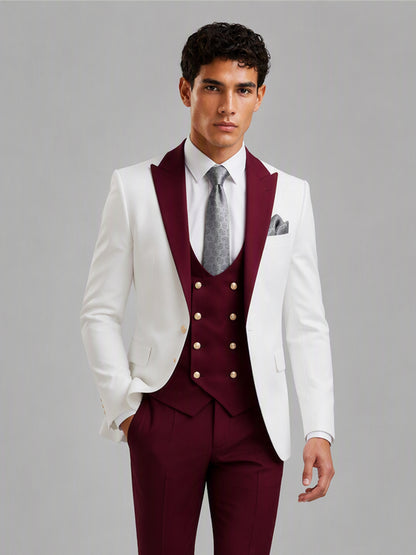 Savile GA0178 Men's White & Burgundy 3-Piece Suit Set – Upper body front close-up