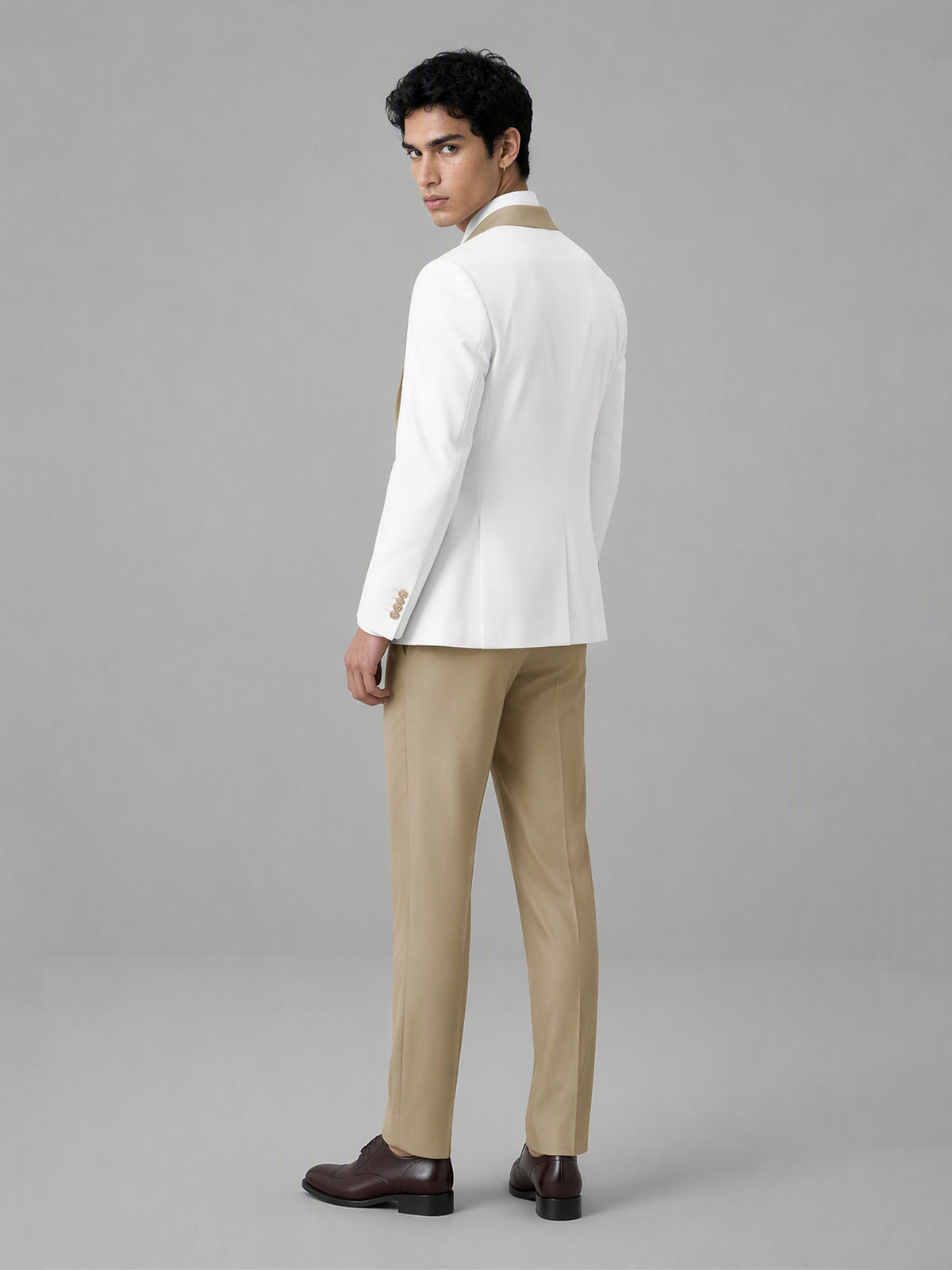 Savile GA0178 Men's White & Champagne 3-Piece Suit Set – Walking dynamic pose full length