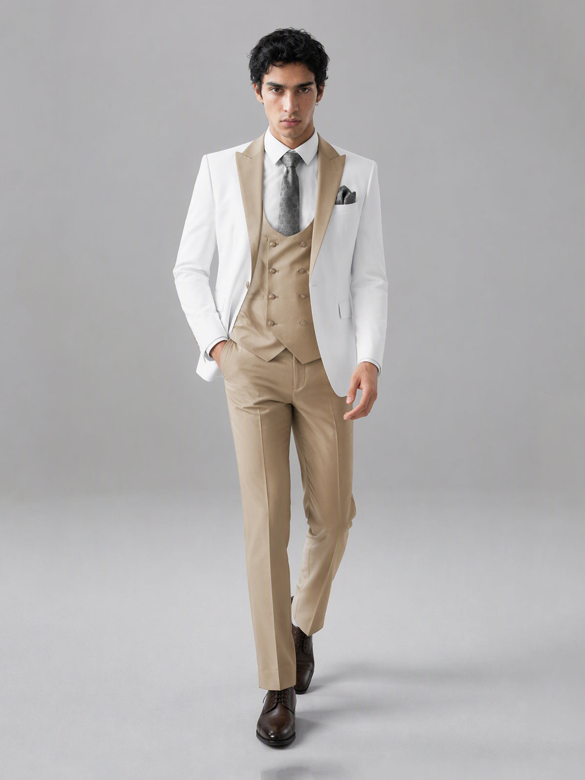 Savile GA0178 Men's White & Champagne 3-Piece Suit Set – Front standing full length