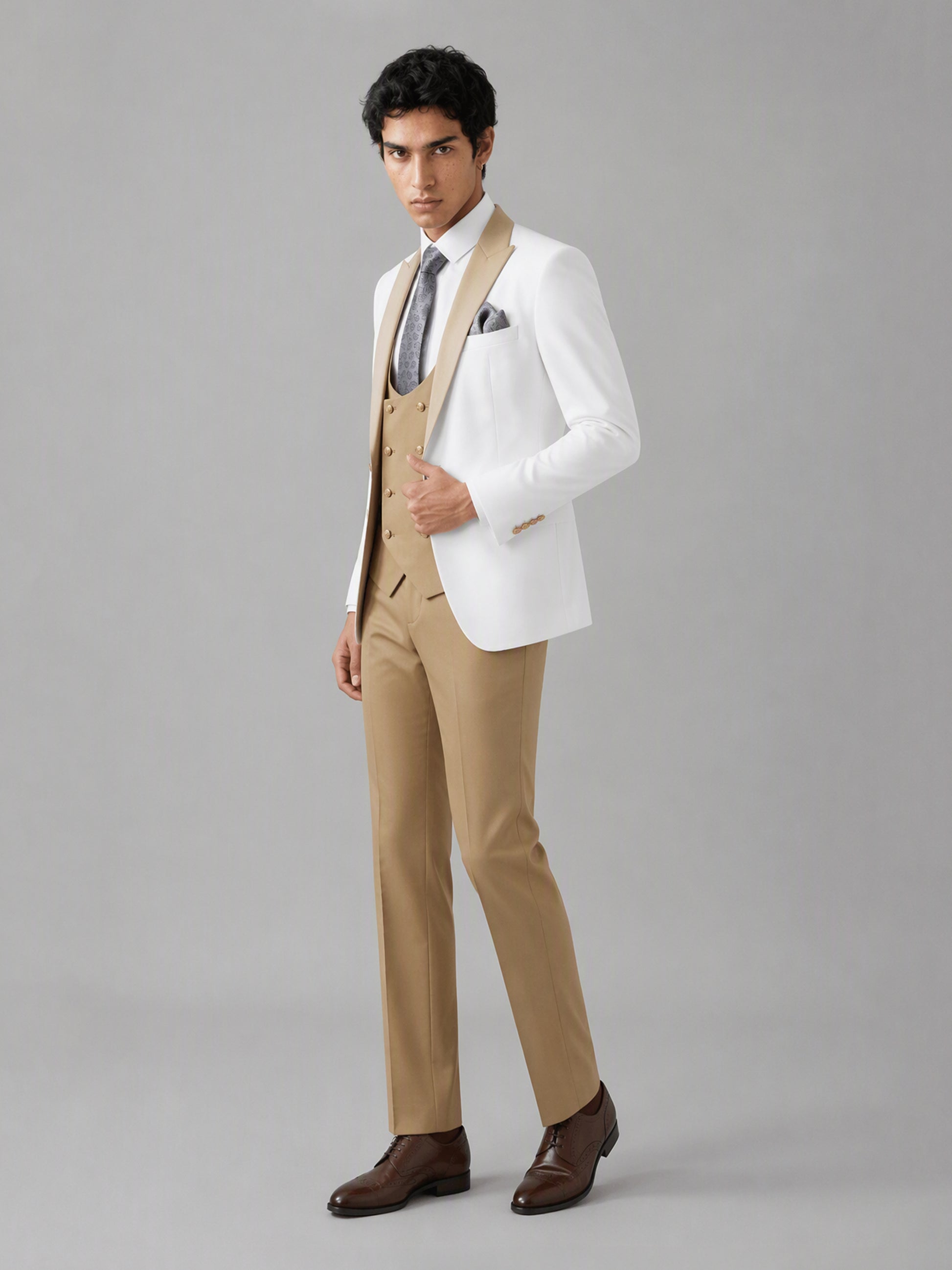 Savile GA0178 Men's White & Champagne 3-Piece Suit Set – Back view full length