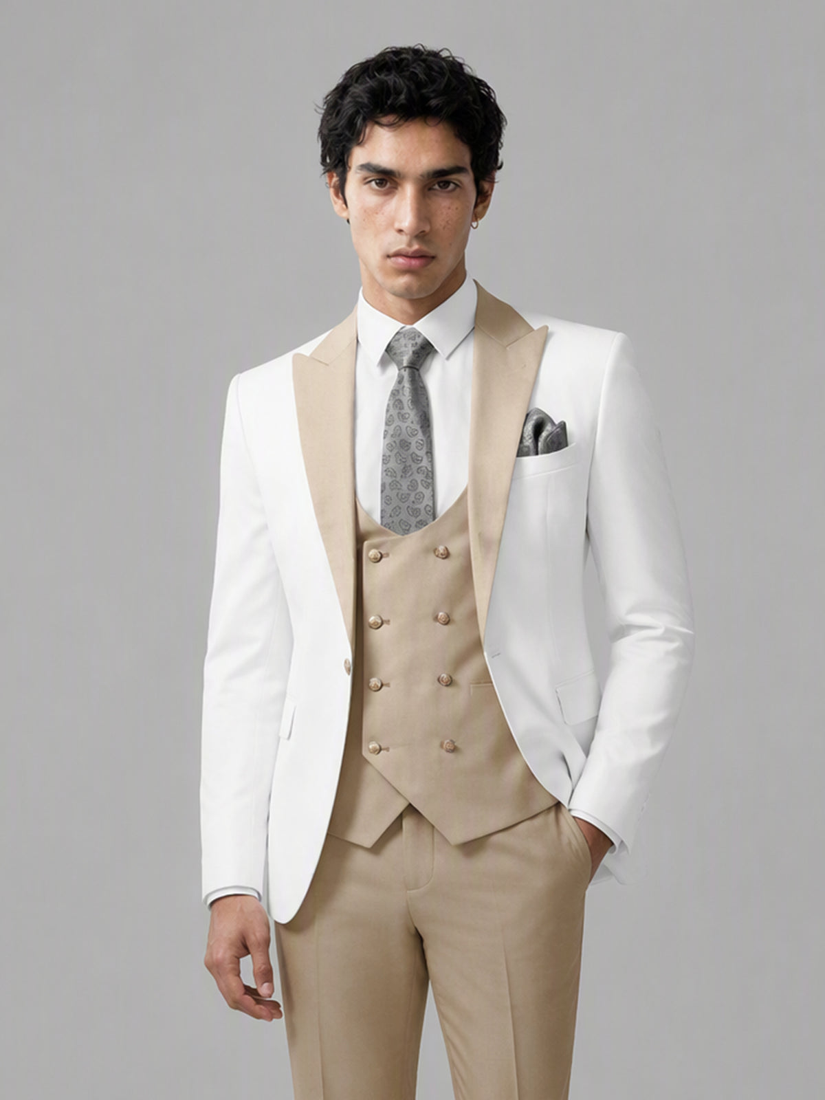 Savile GA0178 Men's White & Champagne 3-Piece Suit Set – Upper body front close-up