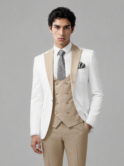 Savile GA0178 Men's White & Champagne 3-Piece Suit Set – Upper body front close-up