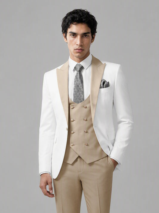 Savile GA0178 Men's White & Champagne 3-Piece Suit Set – Upper body front close-up
