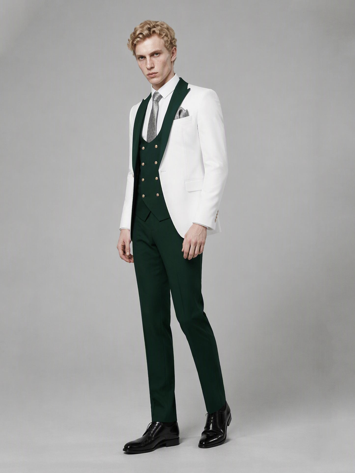 Savile GA0178 Men's White & Emerald Green 3-Piece Suit Set – Walking dynamic pose full length