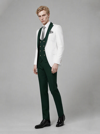 Savile GA0178 Men's White & Emerald Green 3-Piece Suit Set – Walking dynamic pose full length