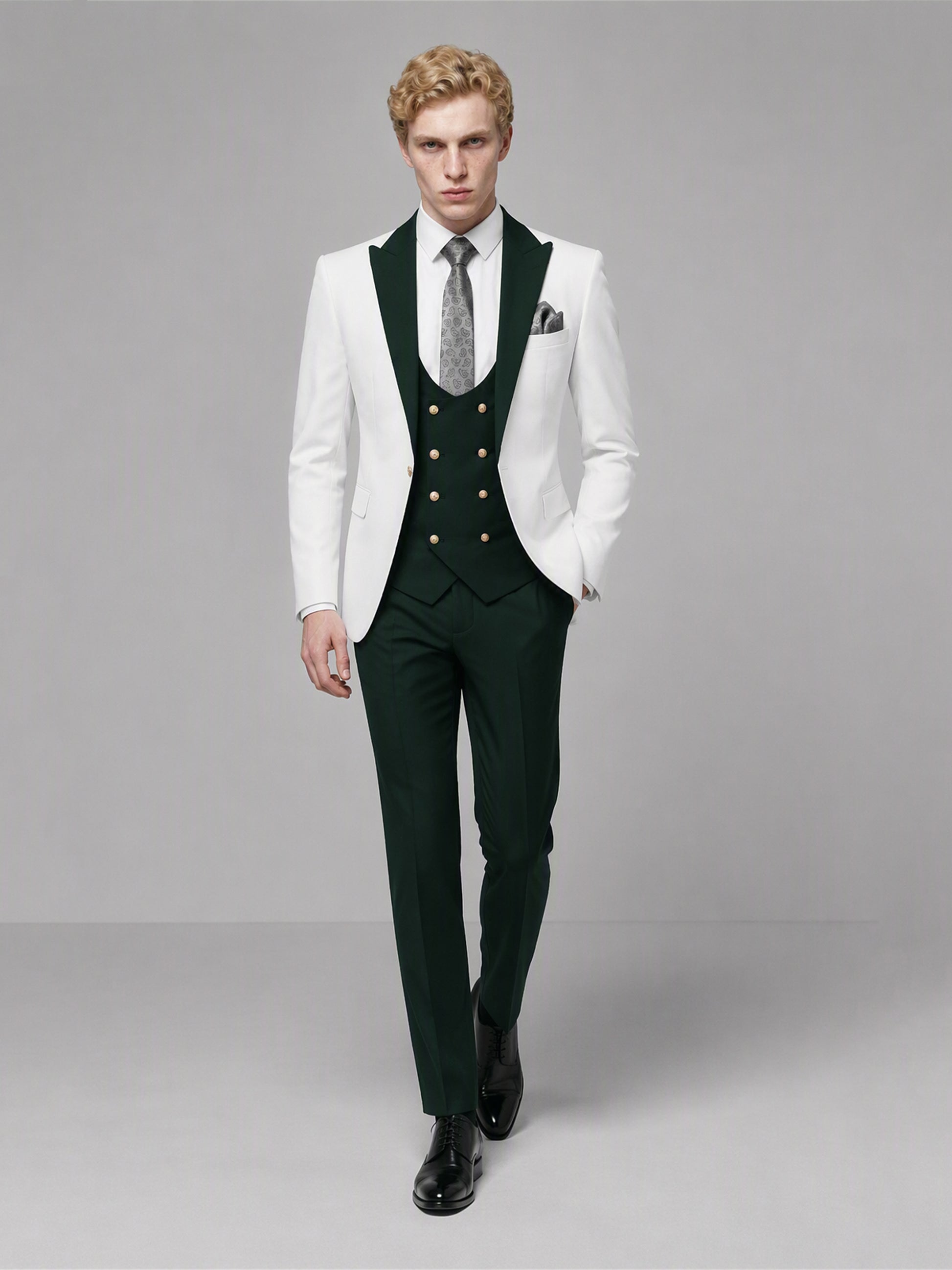 Savile GA0178 Men's White & Emerald Green 3-Piece Suit Set – Front standing full length
