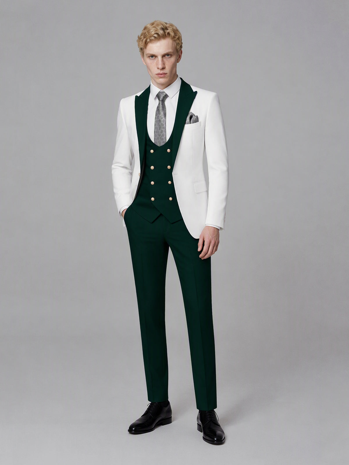 Savile GA0178 Men's White & Emerald Green 3-Piece Suit Set – Front standing hand in pocket