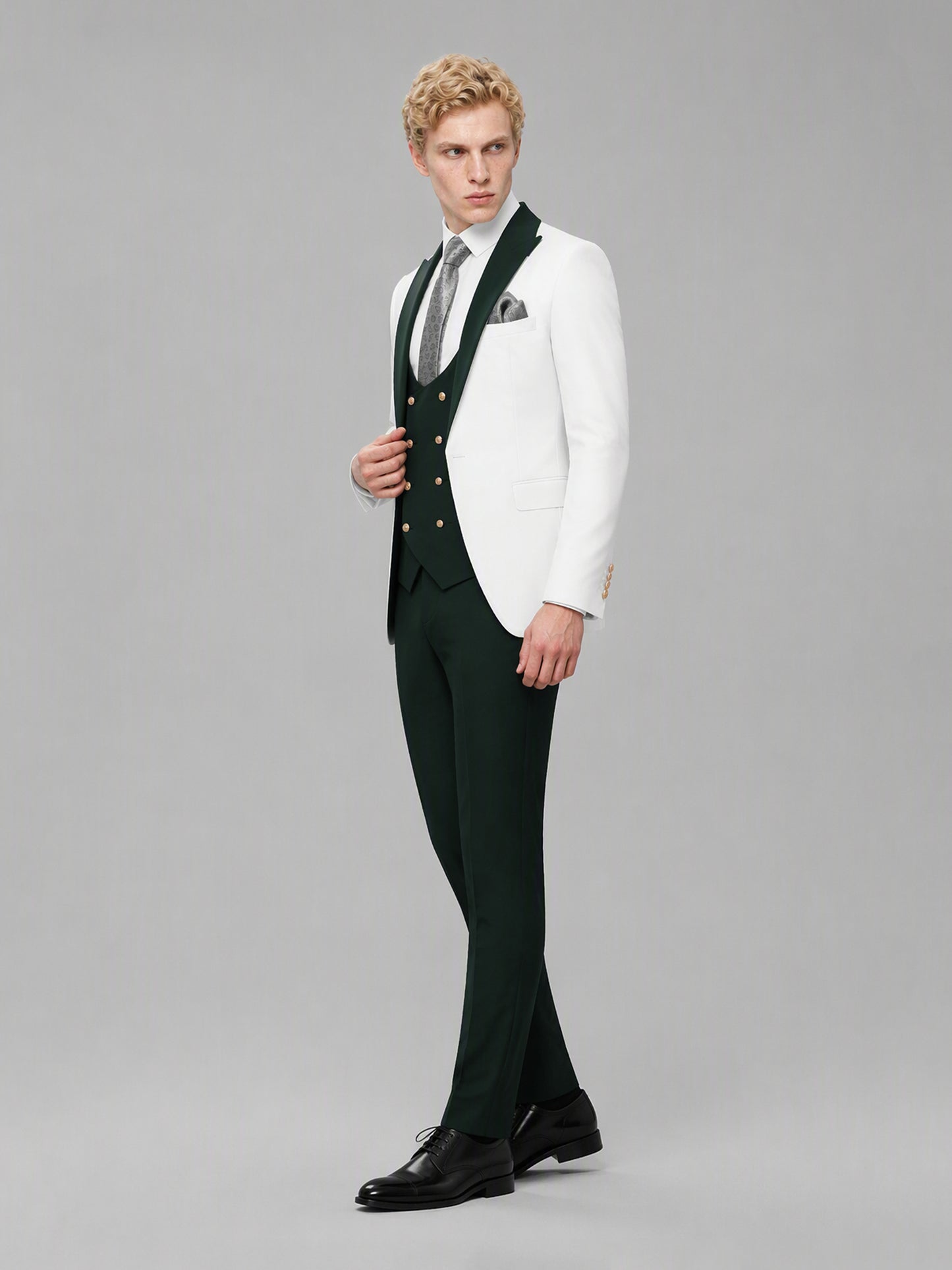 Savile GA0178 Men's White & Emerald Green 3-Piece Suit Set – Side profile full length