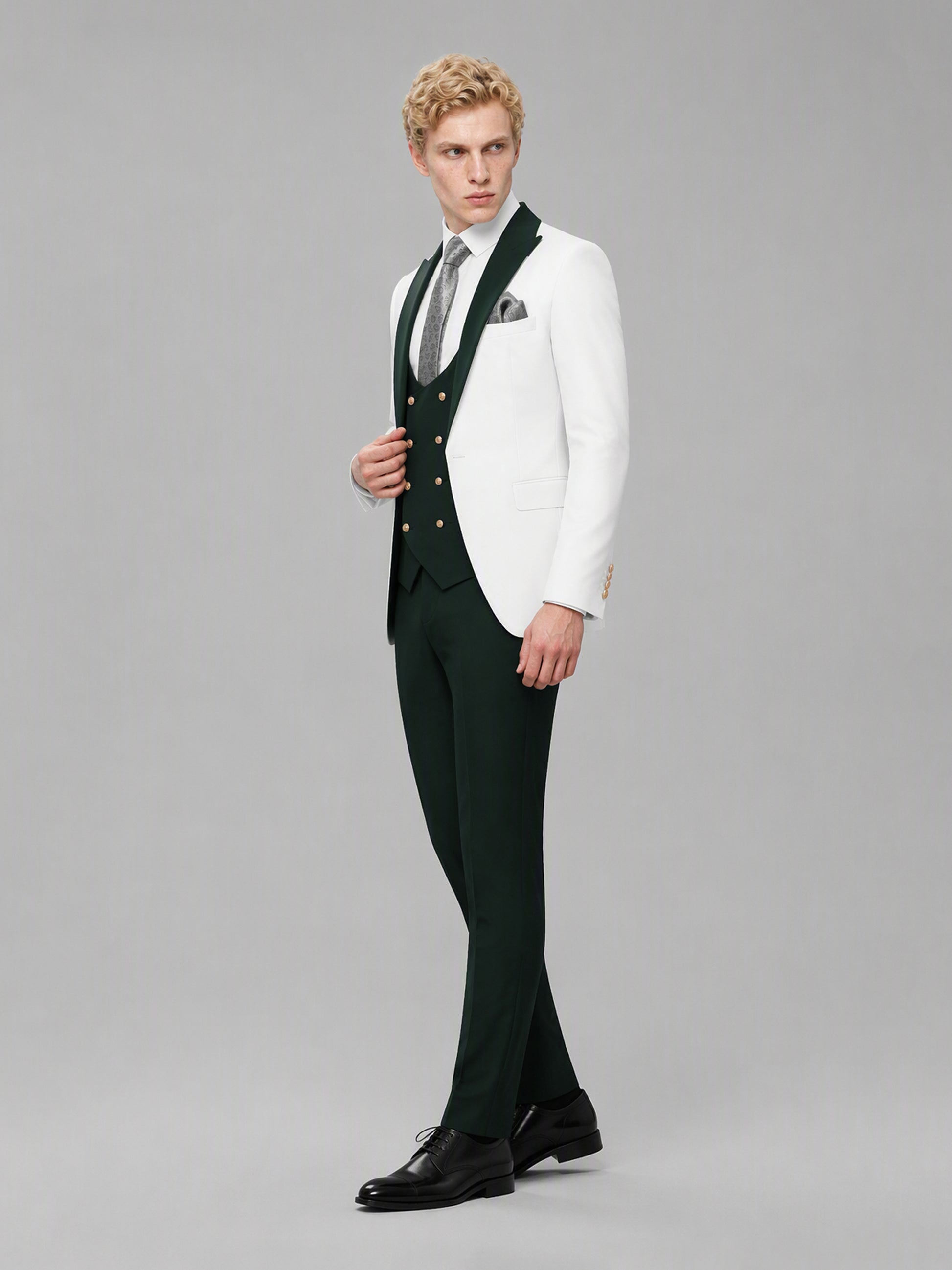 Savile GA0178 Men's White & Emerald Green 3-Piece Suit Set – Side profile full length