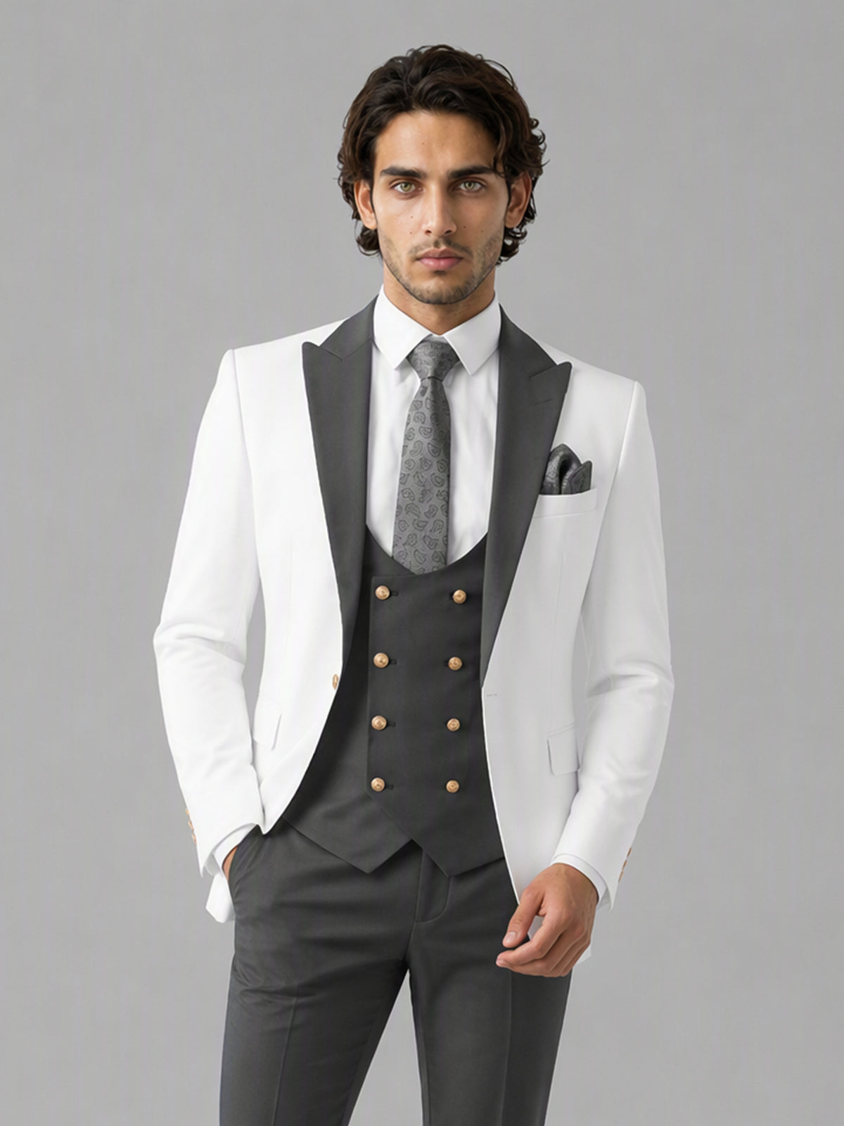 Savile GA0178 Men's White & Grey 3-Piece Suit Set – Front upper body close-up