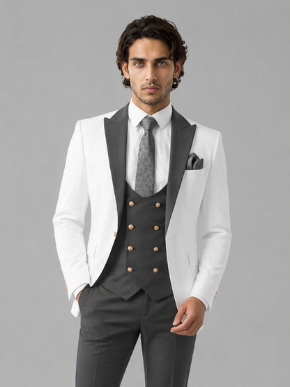 Savile GA0178 Men's White & Grey 3-Piece Suit Set – Front upper body close-up